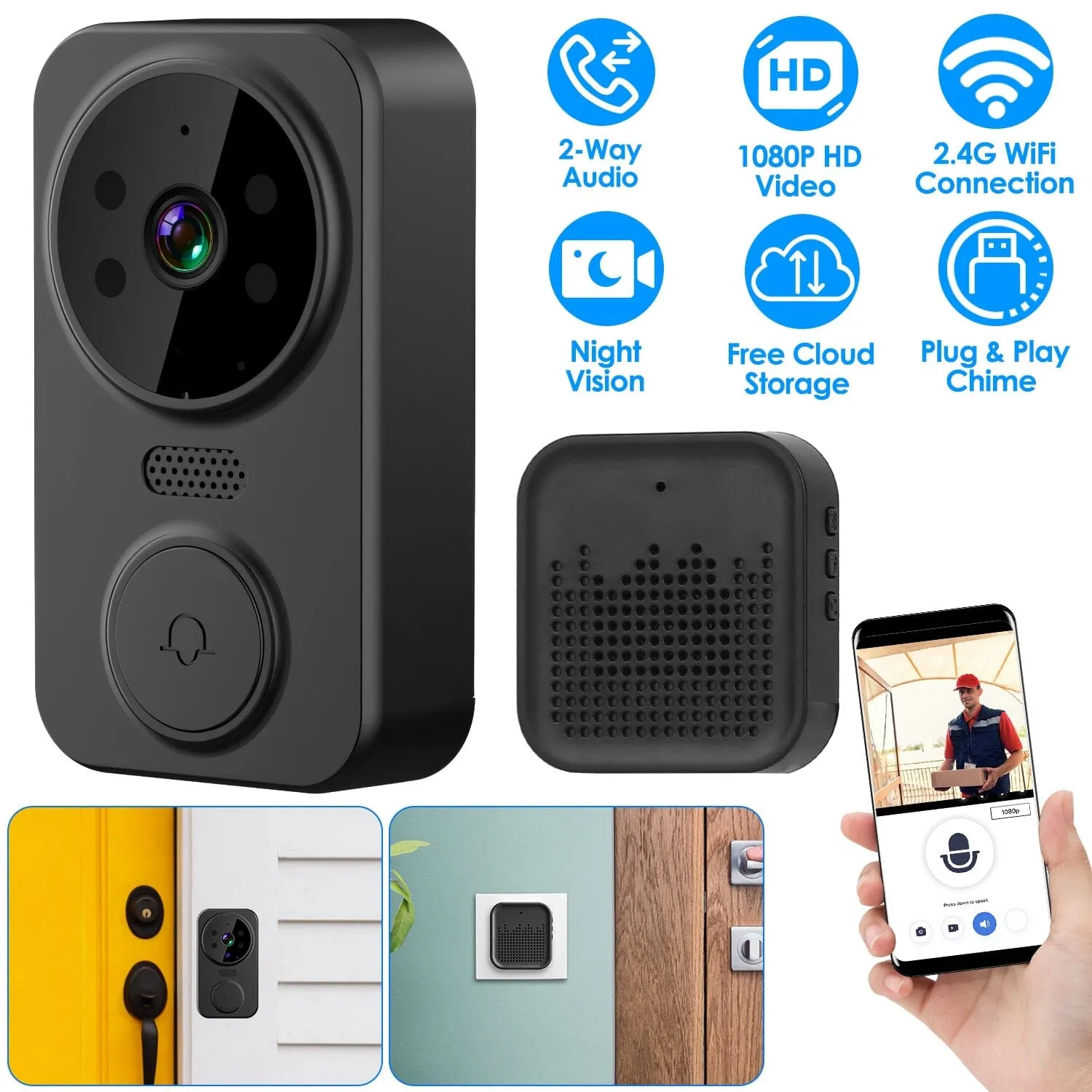 1080P WiFi Security Doorbell Camera 2-Way Audio Free Cloud Storage