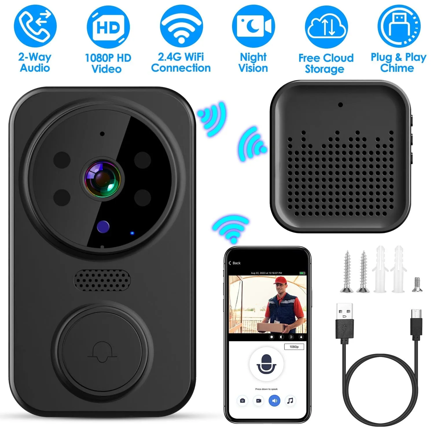 1080P WiFi Security Doorbell Camera 2-Way Audio Free Cloud Storage