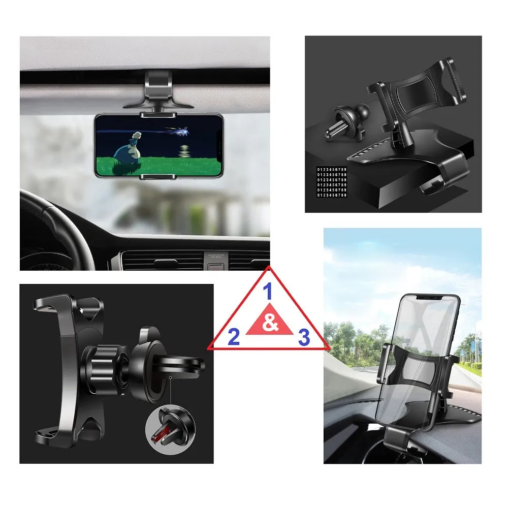 3 in 1 Car GPS Smartphone Holder: Dashboard / Visor Clamp   AC Grid Clip for Intex cloud Power , cloud Power Plus - Black
