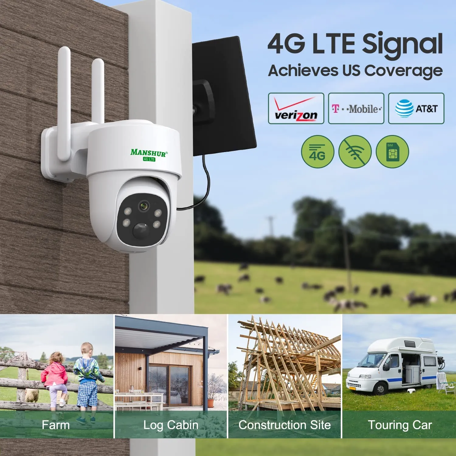 4G LTE Cellular Wireless Security Camera 360° PTZ 2K Solar No WiFi Surveillance Camera MANSHUR UB6 (UBOX App)