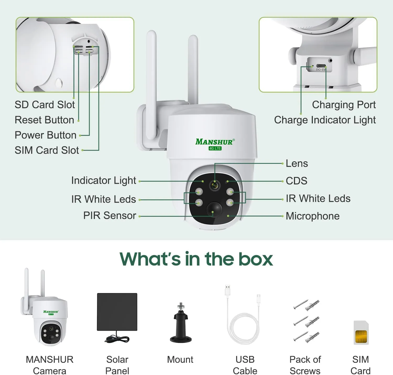 4G LTE Cellular Wireless Security Camera 360° PTZ 2K Solar No WiFi Surveillance Camera MANSHUR UB6 (UBOX App)