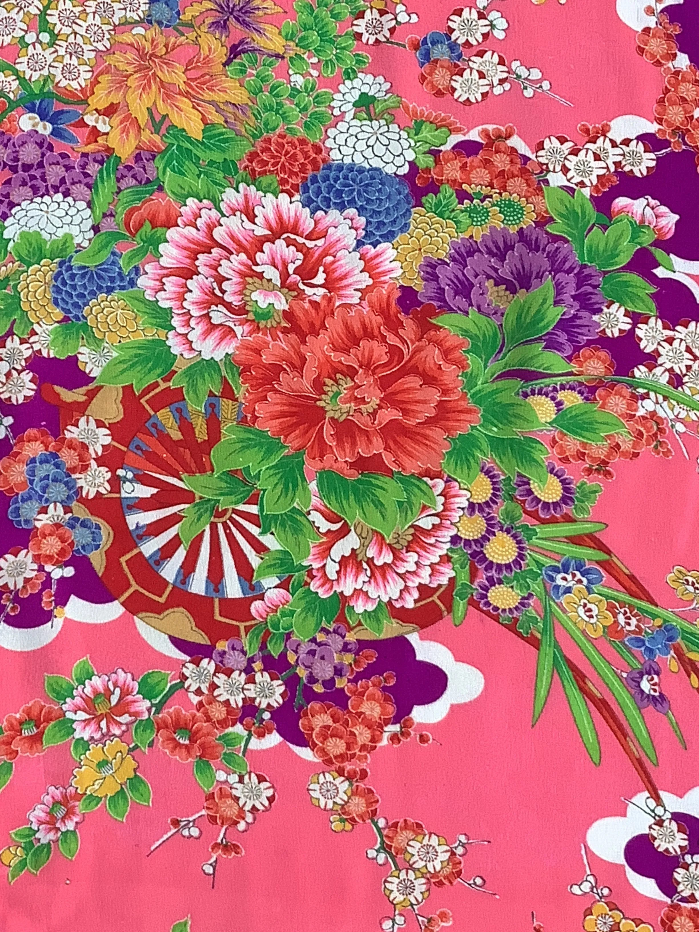 7862:1930s-50s Japanese Vintage Kimono Silk Fabric,AraiHari,60in.Royal Flower Cart