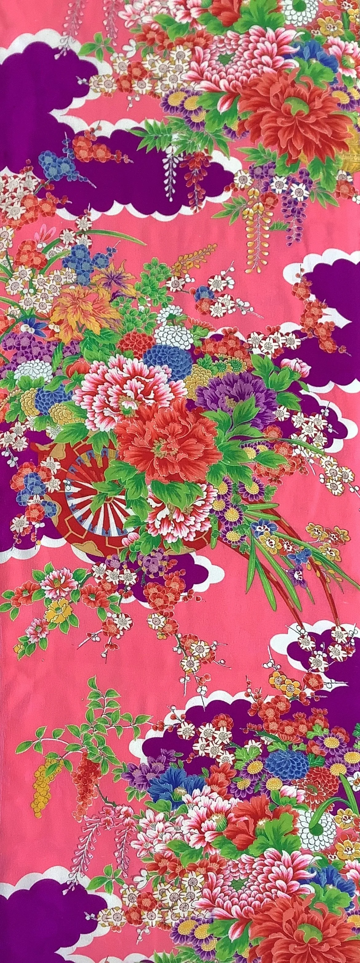 7862:1930s-50s Japanese Vintage Kimono Silk Fabric,AraiHari,60in.Royal Flower Cart