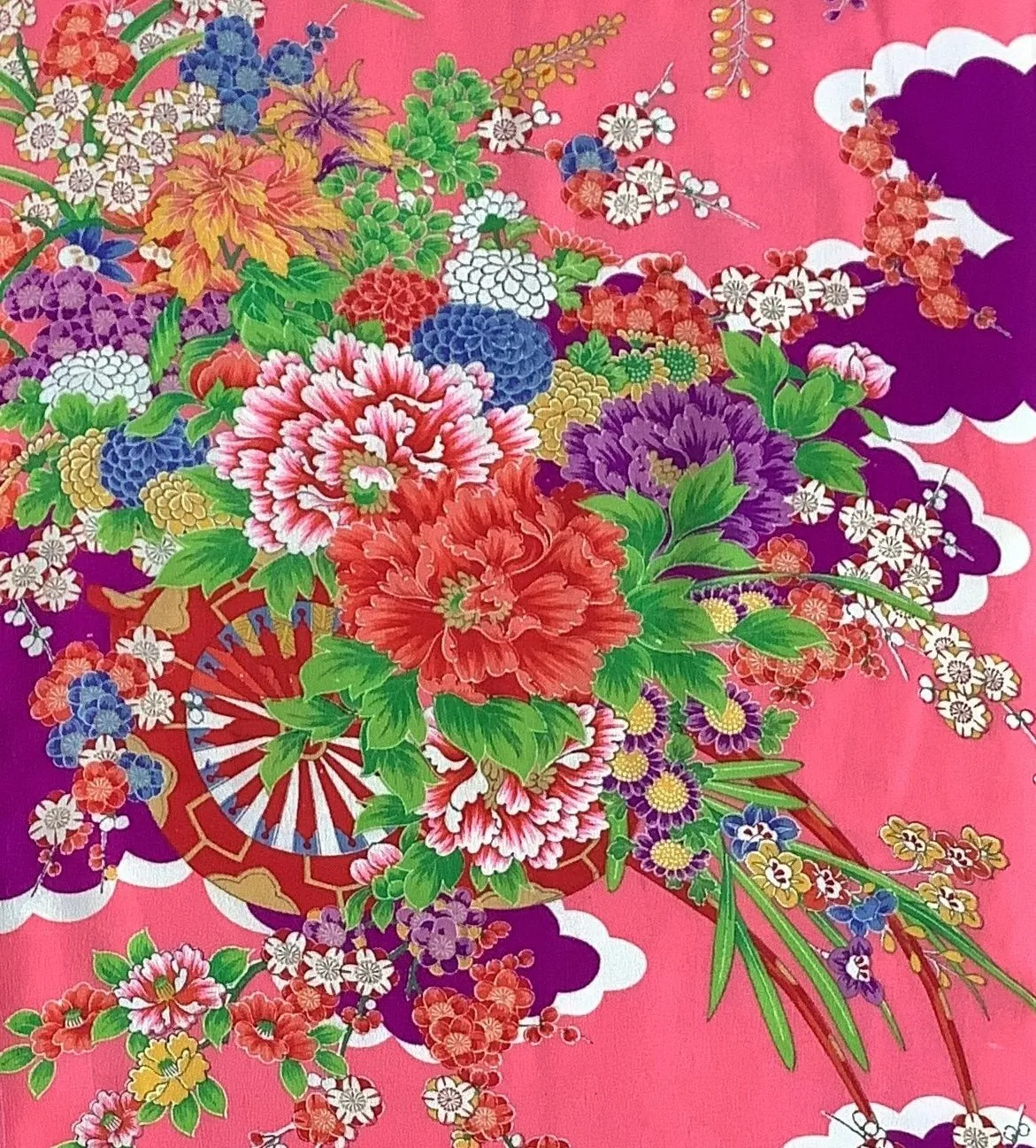 7862:1930s-50s Japanese Vintage Kimono Silk Fabric,AraiHari,60in.Royal Flower Cart
