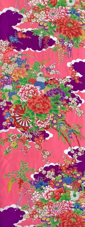 7862:1930s-50s Japanese Vintage Kimono Silk Fabric,AraiHari,60in.Royal Flower Cart