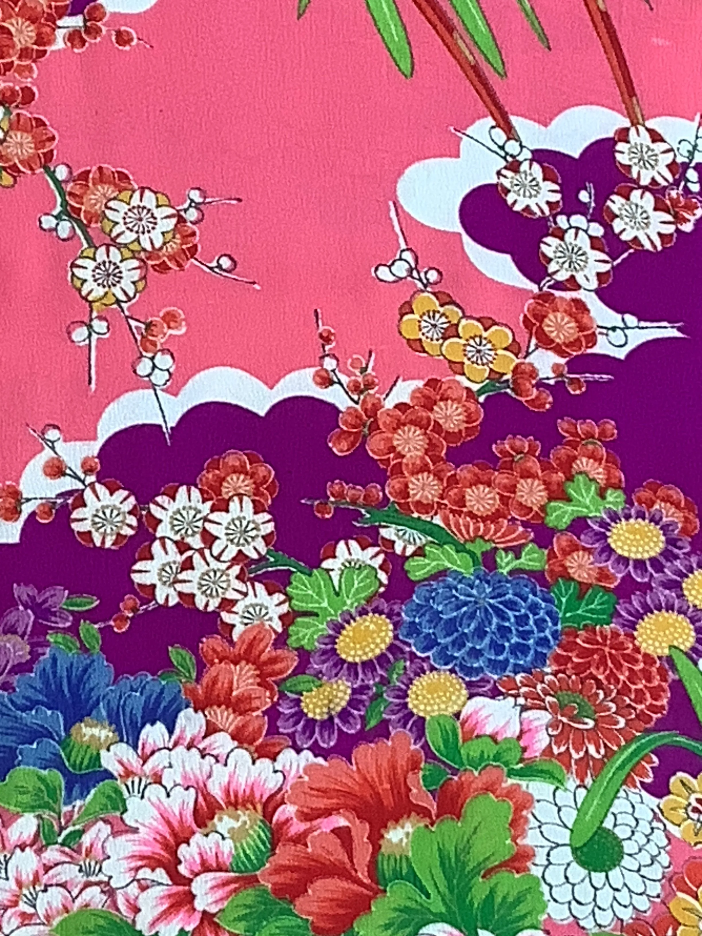 7862:1930s-50s Japanese Vintage Kimono Silk Fabric,AraiHari,60in.Royal Flower Cart