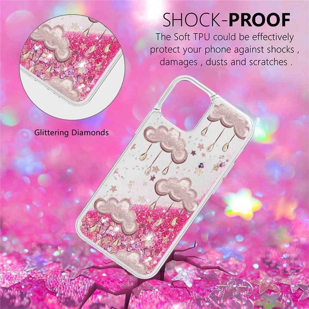 Anymob iPhone Case Pink With Cloud Dynamic Quicksand Soft Silicone Clear Back Cover