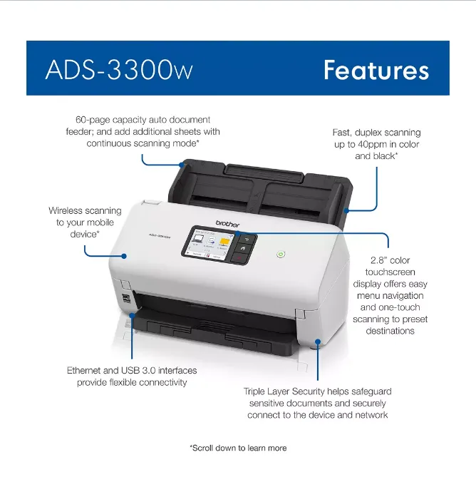 Brother ADS-3300W Wireless High-Speed Desktop Scanner