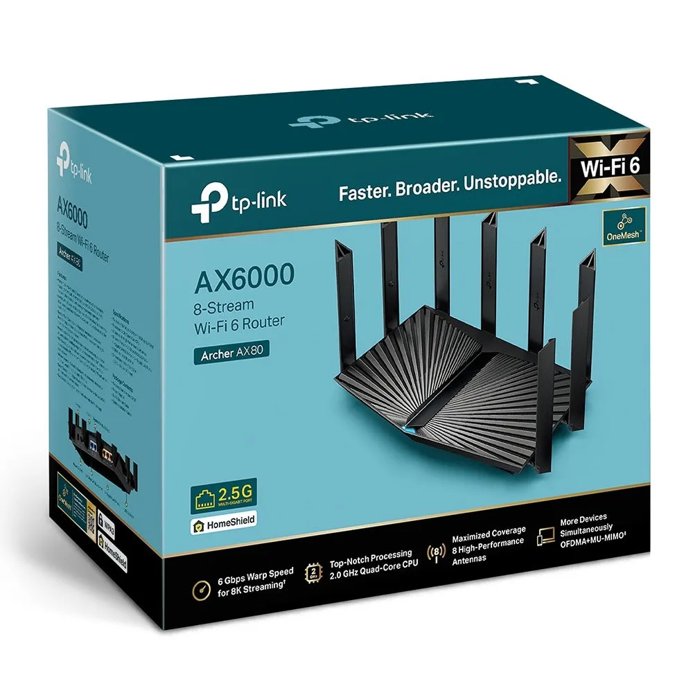 [CLEARANCE] TP-Link Archer AX80 Lightning Fast AX6000 8-Stream Dual Band MU-MIMO Wi-Fi 6 Router with 2.5G Multi-Gigabit Port, 4804Mbps at 5GHz, 1148Mbps at 2.4GHz, 2GHz Quad-Core CPU, OFDMA, Beamforming, VPN Clients & Server Supported, OneMesh
