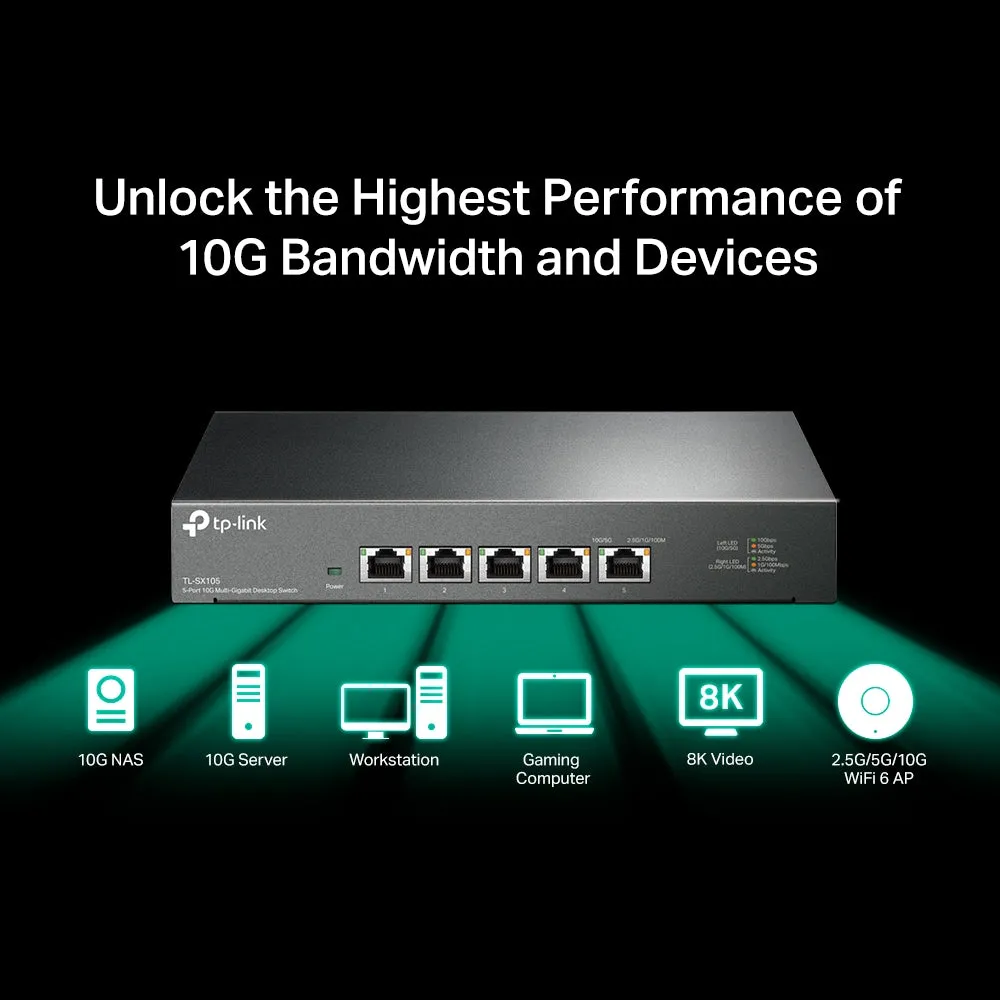 [CLEARANCE] TP-Link TL-SX105 5-Port 10G Multi-Gigabit Desktop Switch (Unmanaged) Lightning Fast Connections, 5 x 10G Ethernet Ports, 100Gbps Switching Capacity, 74.4Mpps Forwarding Rate, Auto-negotiation for 5-speed, Plug & Play