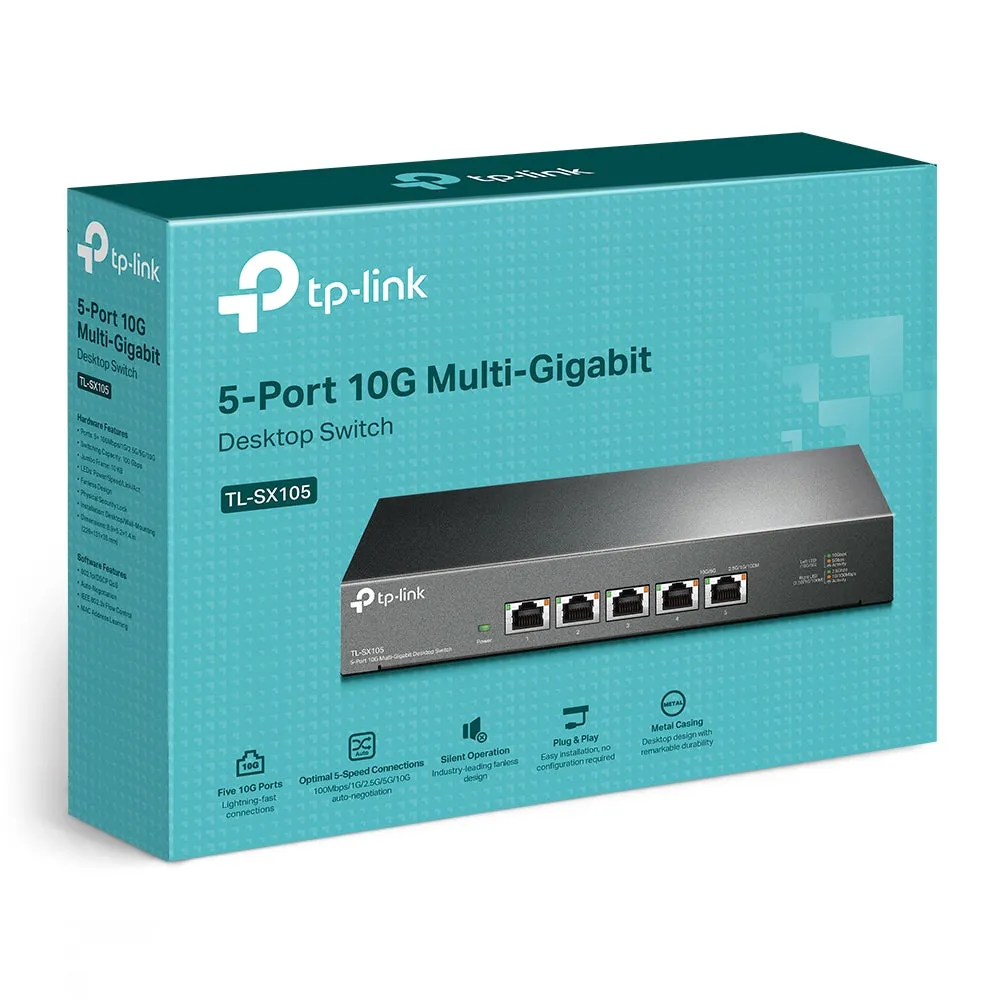 [CLEARANCE] TP-Link TL-SX105 5-Port 10G Multi-Gigabit Desktop Switch (Unmanaged) Lightning Fast Connections, 5 x 10G Ethernet Ports, 100Gbps Switching Capacity, 74.4Mpps Forwarding Rate, Auto-negotiation for 5-speed, Plug & Play