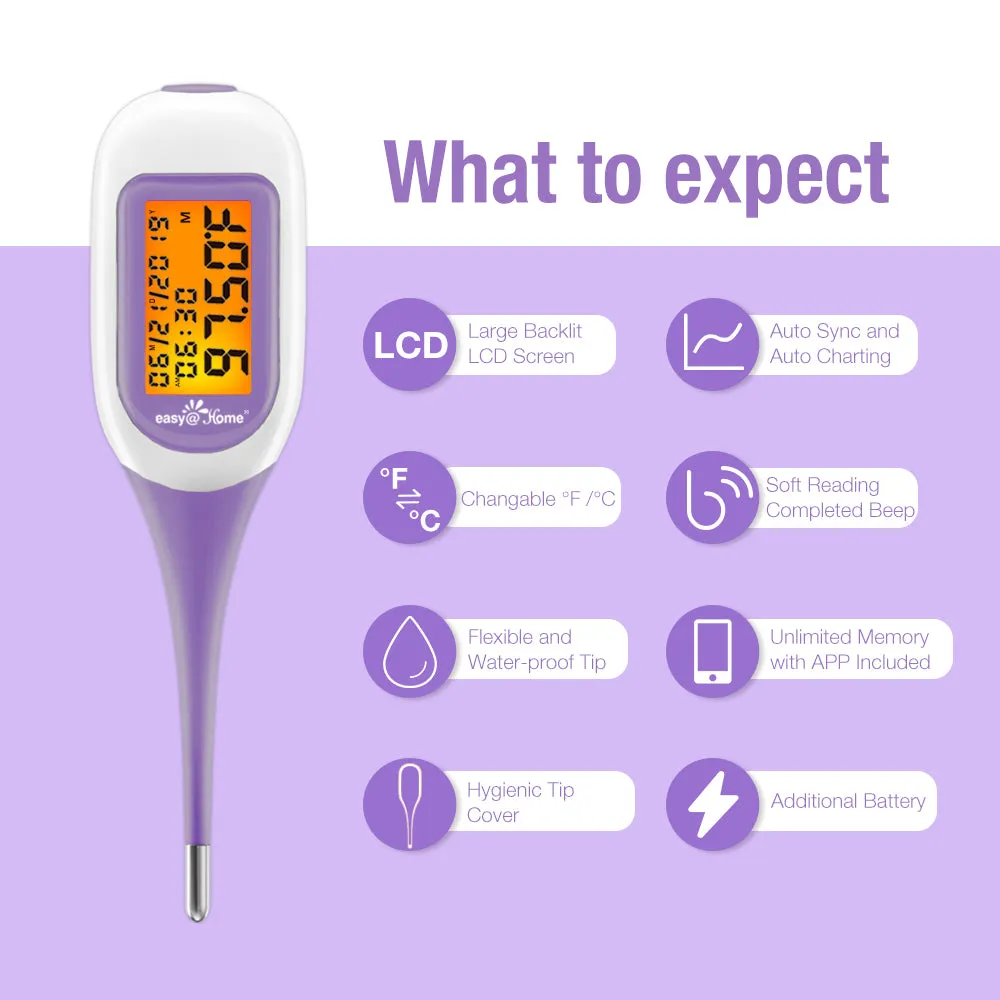 Easy@Home Smart Basal Thermometer, Large Screen and Backlit, Period Tracker with Premom (iOS & Android) - Auto BBT Sync, Charting, Coverline, Accurate Fertility Prediction EBT-300 Purple