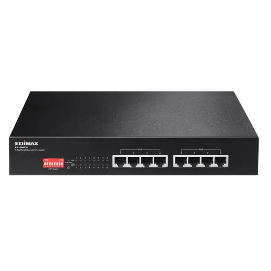 EDIMAX 8 Port 10/100 Fast Ethernet PoE  Switch with DIP Switch. PoE delivery up to 200m. Power budget: 130W. Auto Energy Saving Functions. Plug and Play. VLAN &