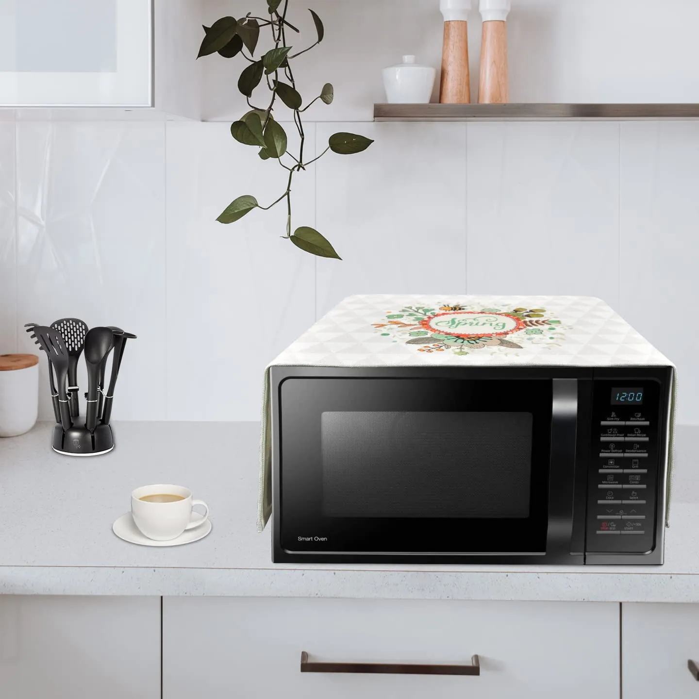 FABKUC Microwave/Oven Top Cotton Cover with 2 Utility Pockets, Splash-Proof, Dustproof Washer Dryer Cover (Little Bee)