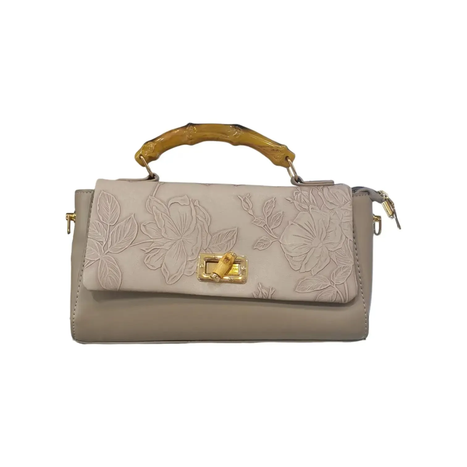 Floral Embossed Bamboo Handle Bag