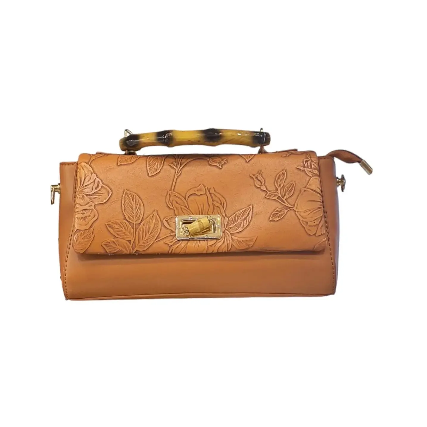 Floral Embossed Bamboo Handle Bag