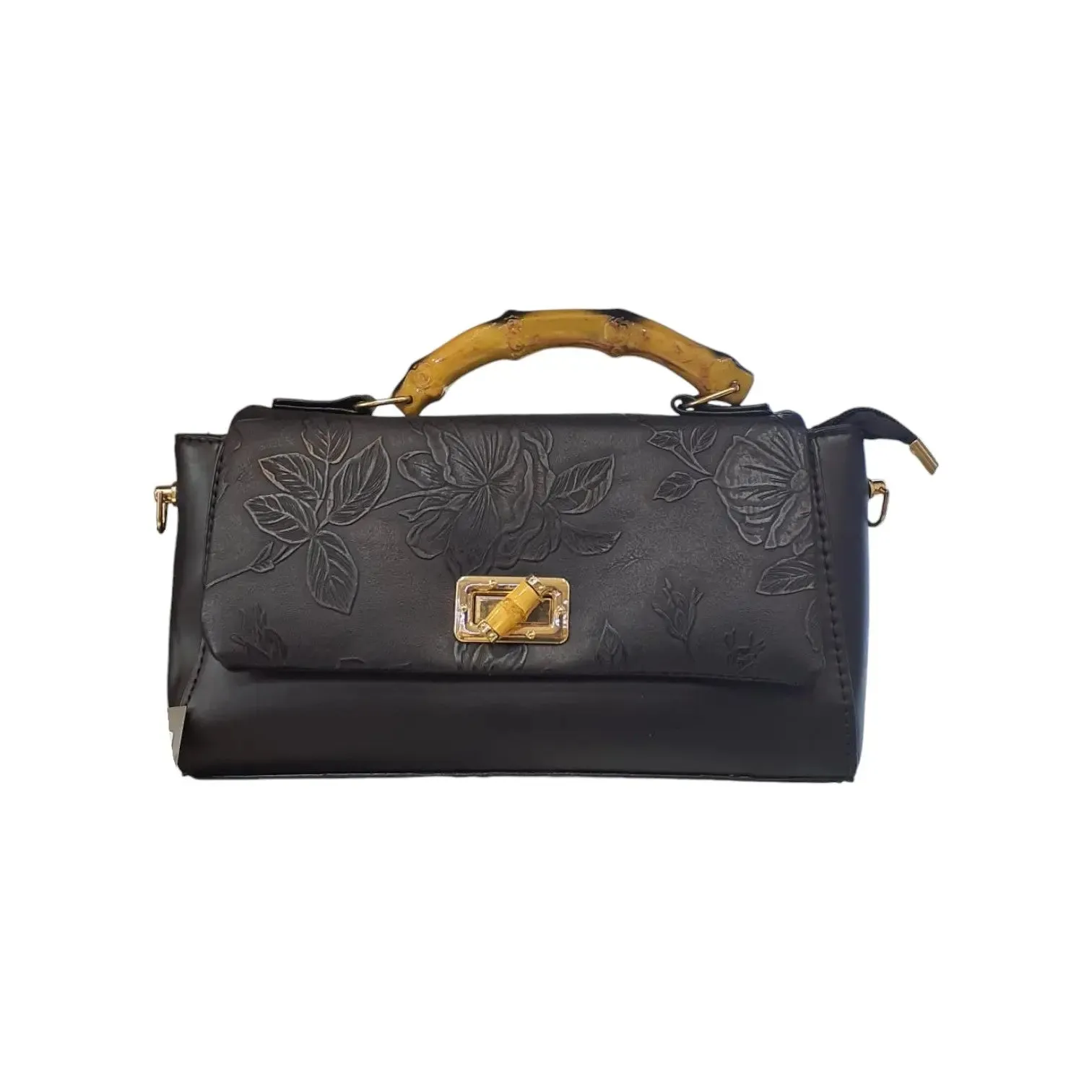 Floral Embossed Bamboo Handle Bag