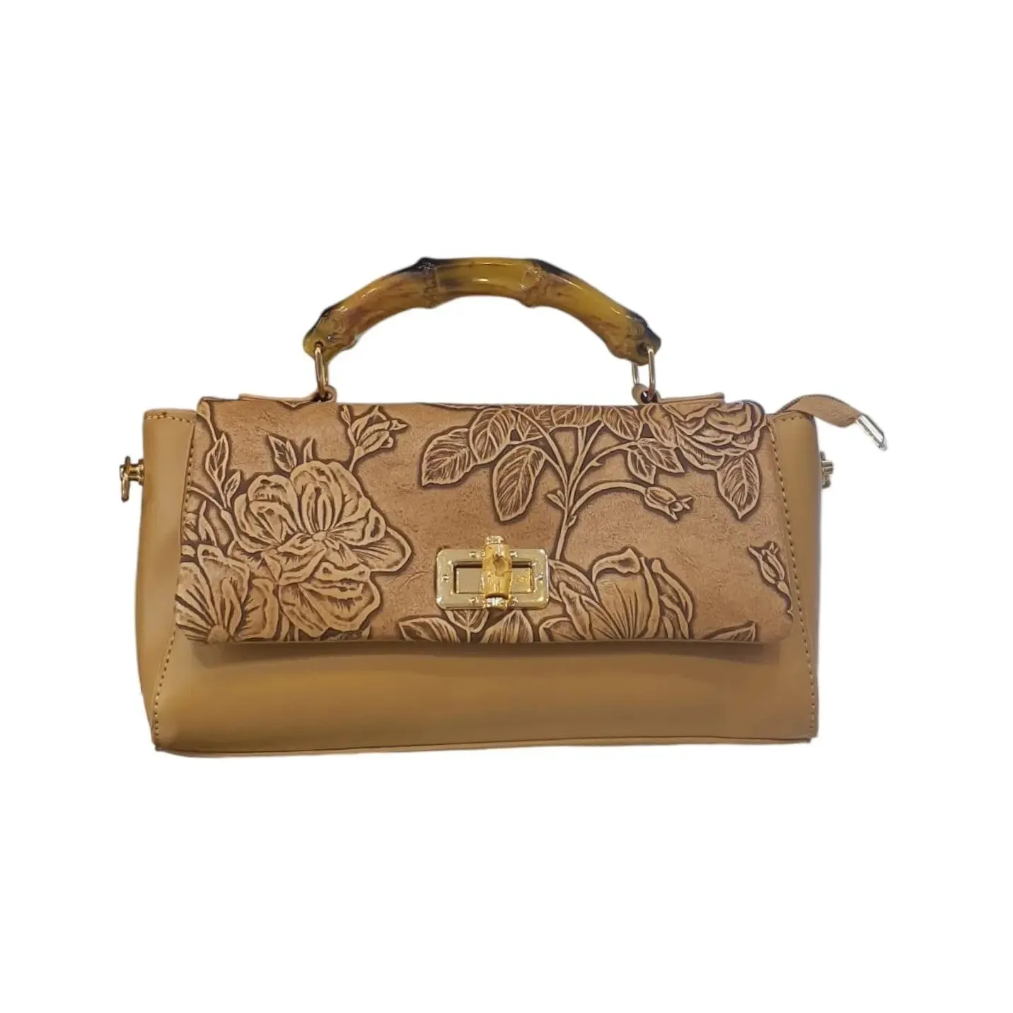Floral Embossed Bamboo Handle Bag