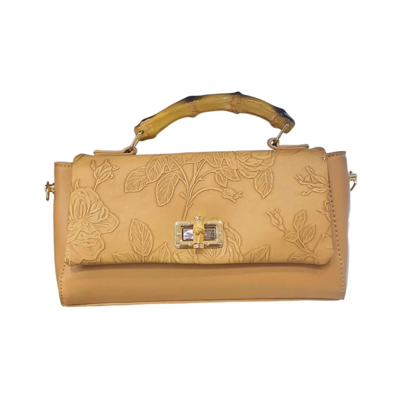 Floral Embossed Bamboo Handle Bag