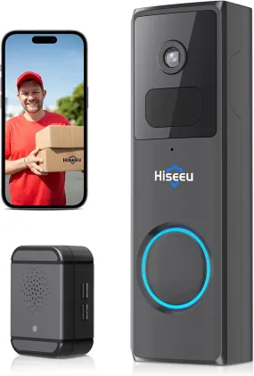 Hiseeu Wireless Doorbell Camera with Chime, Voice Changer, 2MP Video, PIR Detection, 100% Wire-Free Battery Powered, Anti-Theft Alarm, Night Vision, SD/Cloud Storage, Alexa/2.4Ghz WiFi Compatible.