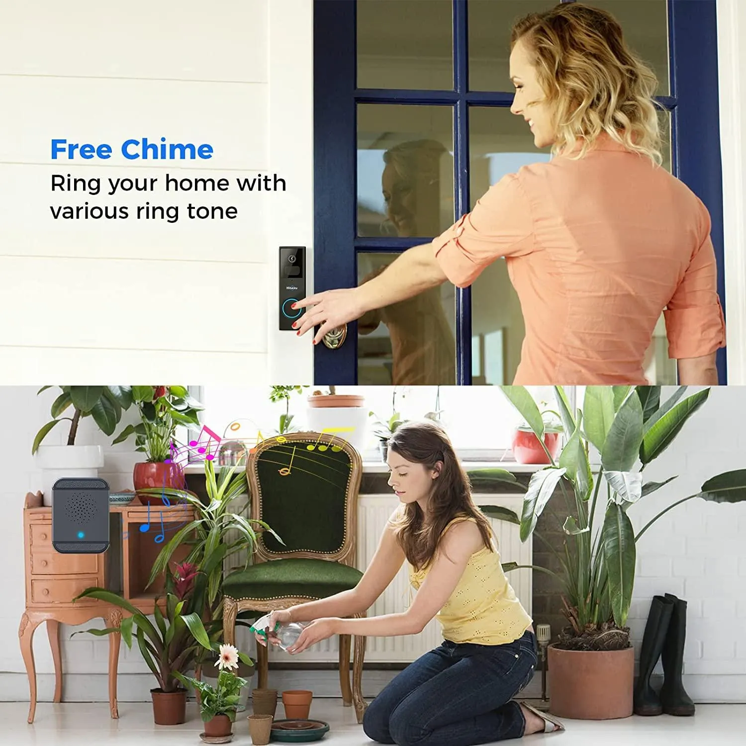 Hiseeu Wireless Doorbell Camera with Chime, Voice Changer, 2MP Video, PIR Detection, 100% Wire-Free Battery Powered, Anti-Theft Alarm, Night Vision, SD/Cloud Storage, Alexa/2.4Ghz WiFi Compatible.