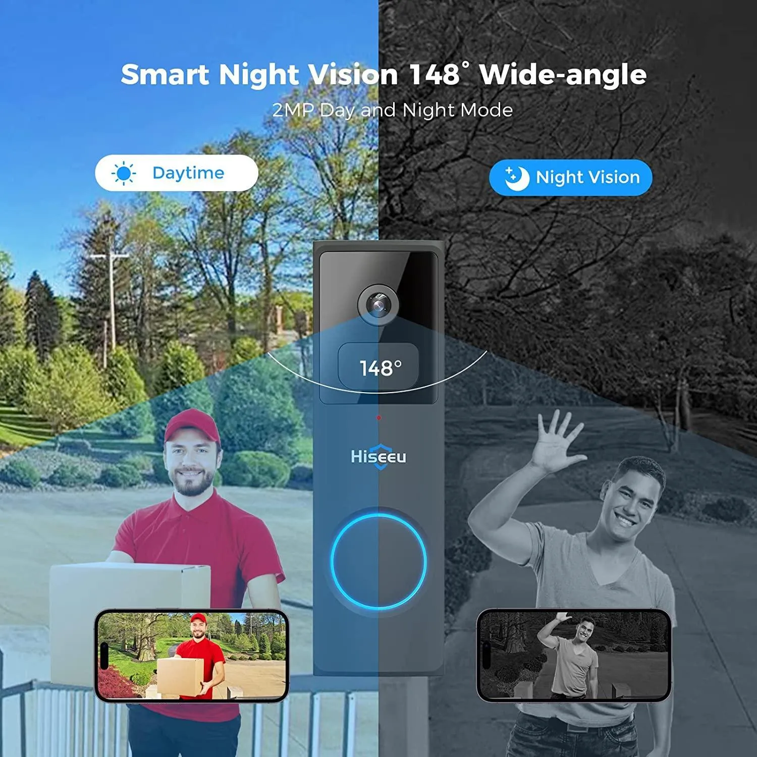 Hiseeu Wireless Doorbell Camera with Chime, Voice Changer, 2MP Video, PIR Detection, 100% Wire-Free Battery Powered, Anti-Theft Alarm, Night Vision, SD/Cloud Storage, Alexa/2.4Ghz WiFi Compatible.