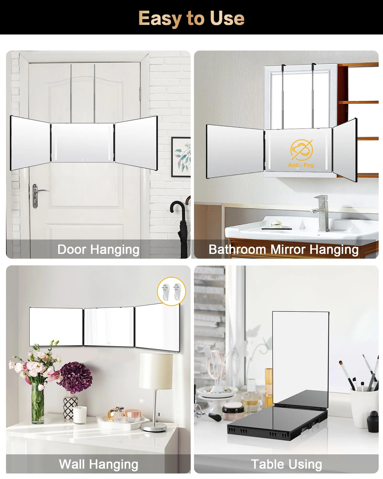 JUSRON 3 Way Mirror for Self Hair Cutting 360 Viewing Angle Self Hair Cutting Mirror, Clear Anti-Fog HD Glass