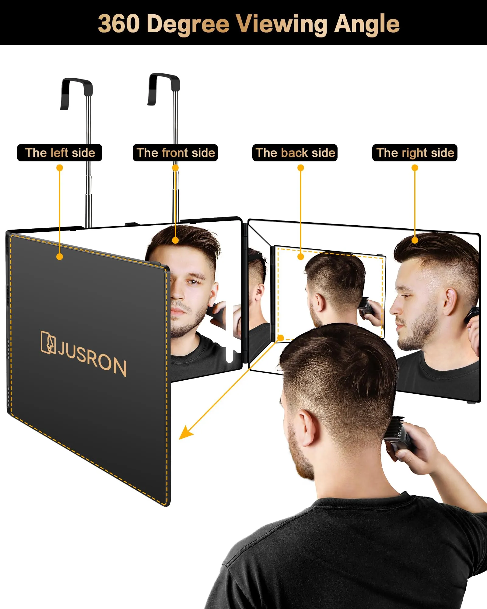 JUSRON 3 Way Mirror for Self Hair Cutting 360 Viewing Angle Self Hair Cutting Mirror, Clear Anti-Fog HD Glass