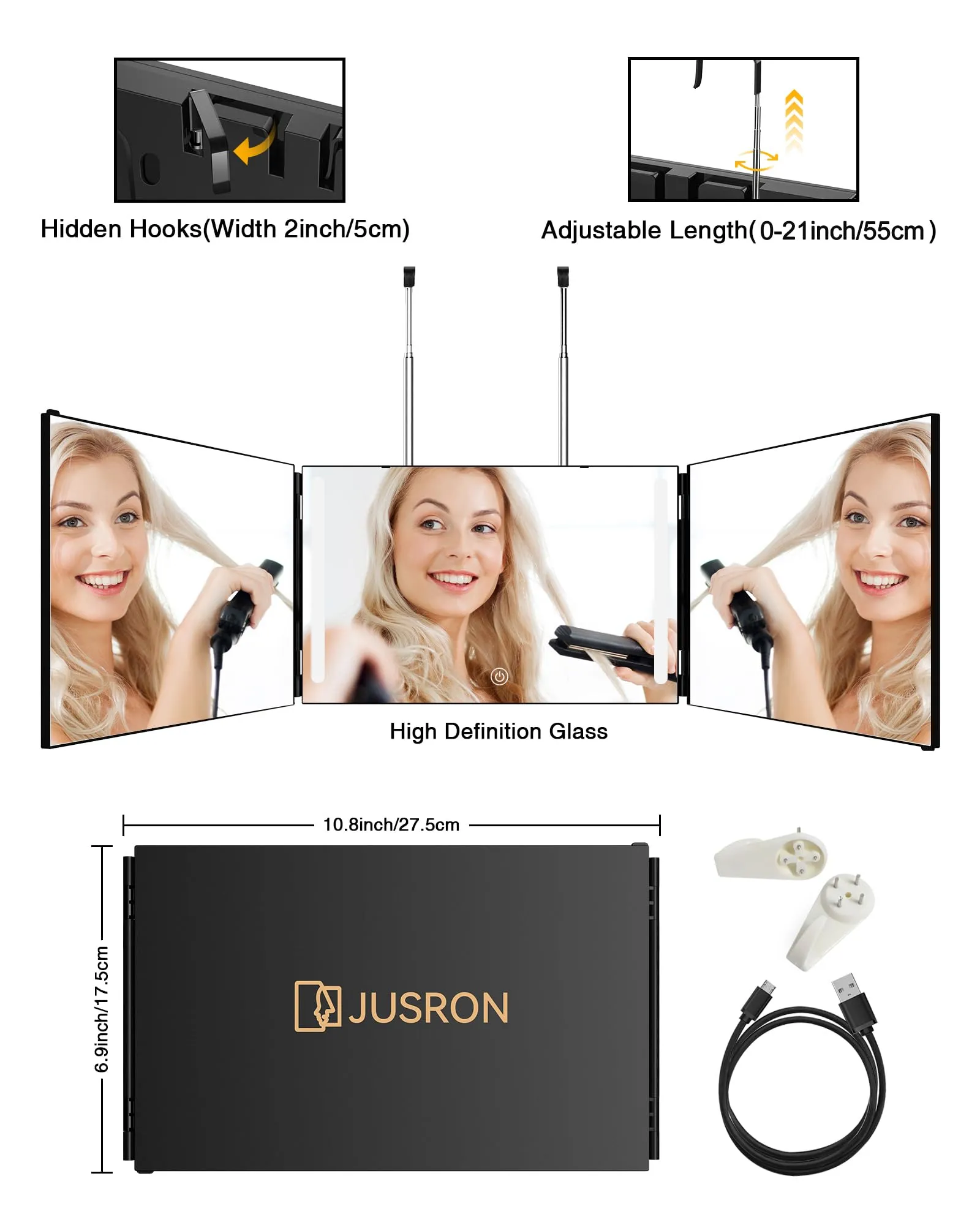 JUSRON 3 Way Mirror for Self Hair Cutting 360 Viewing Angle Self Hair Cutting Mirror, Clear Anti-Fog HD Glass