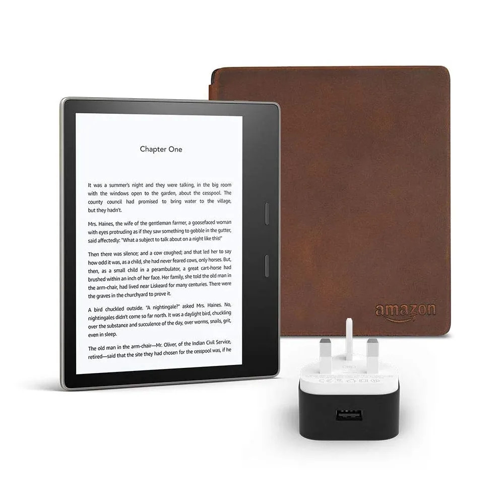 Kindle Oasis Essentials Bundle Includes Kindle Oasis 7in E Reader Amazon Leather Cover And Amazon 9w Power Adaptor