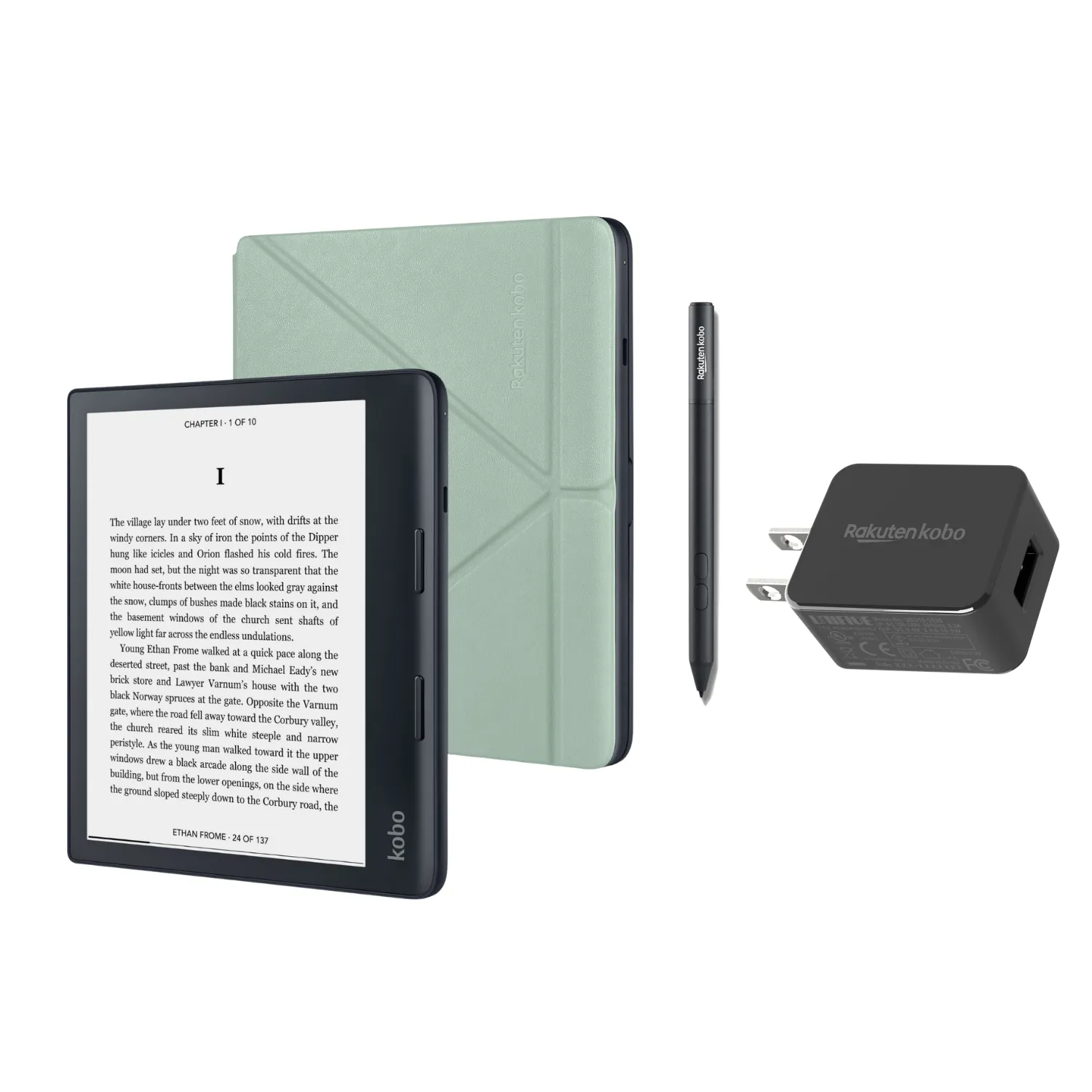 Kobo Sage eReader Bundle with Green SleepCover, Stylus and AC Adapter | 8" HD Touchscreen | Waterproof | Bluetooth | WiFi | 32GB