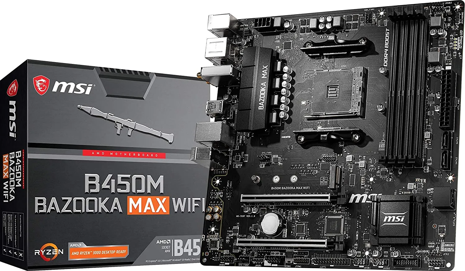MSI B450M Bazooka MAX WiFi Arsenal Gaming AMD Ryzen 1st, 2nd, and 3rd Gen AM4 M.2 USB 3.2 DDR4 HDMI WiFi Micro-ATX Motherboard