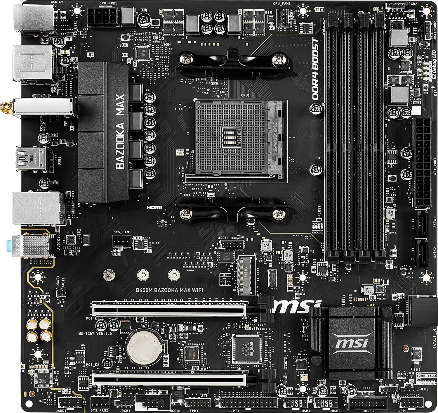 MSI B450M Bazooka MAX WiFi Arsenal Gaming AMD Ryzen 1st, 2nd, and 3rd Gen AM4 M.2 USB 3.2 DDR4 HDMI WiFi Micro-ATX Motherboard