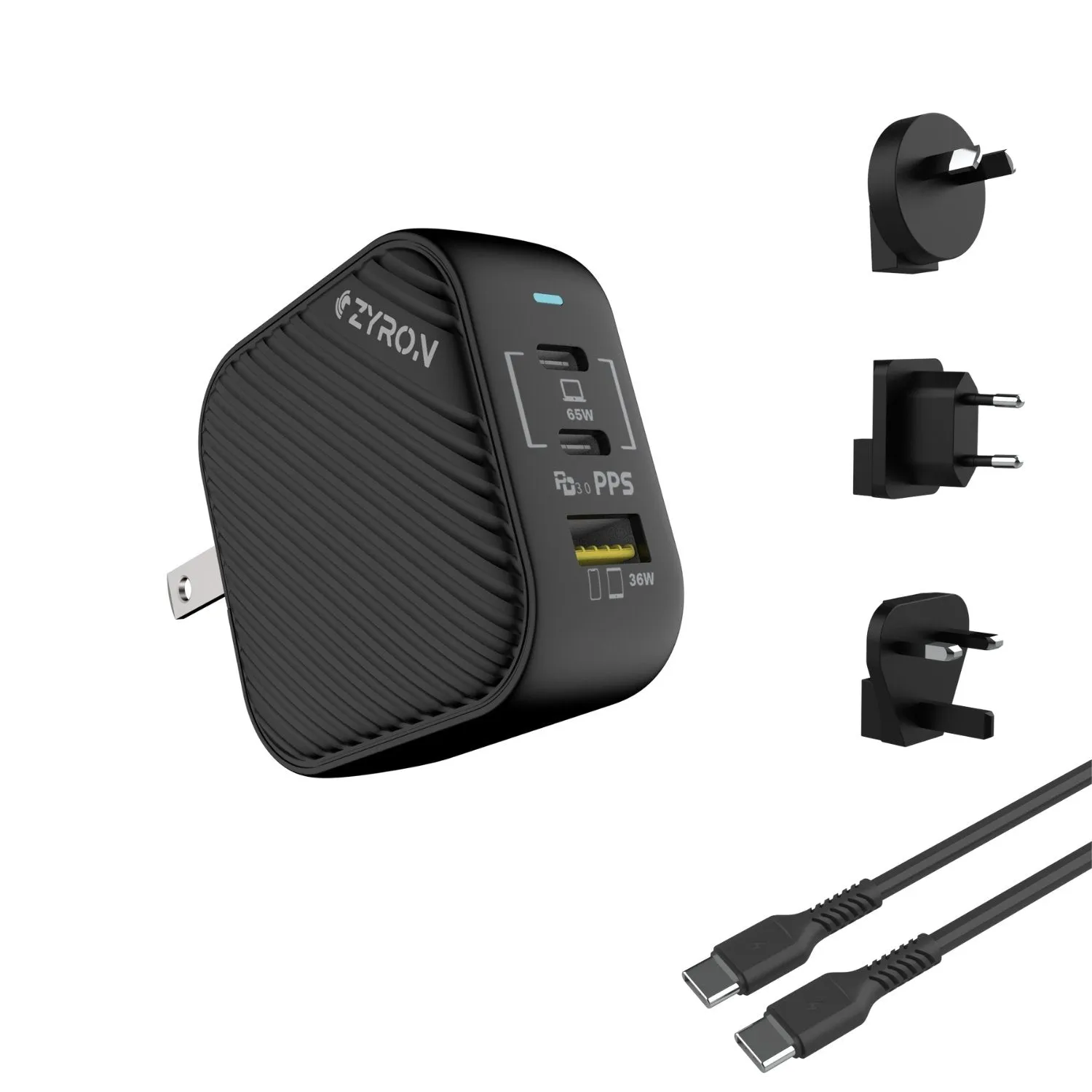 POWERPOD 65W GAN CHARGER, 3-PORT USB-C WALL FAST CHARGER (Black)