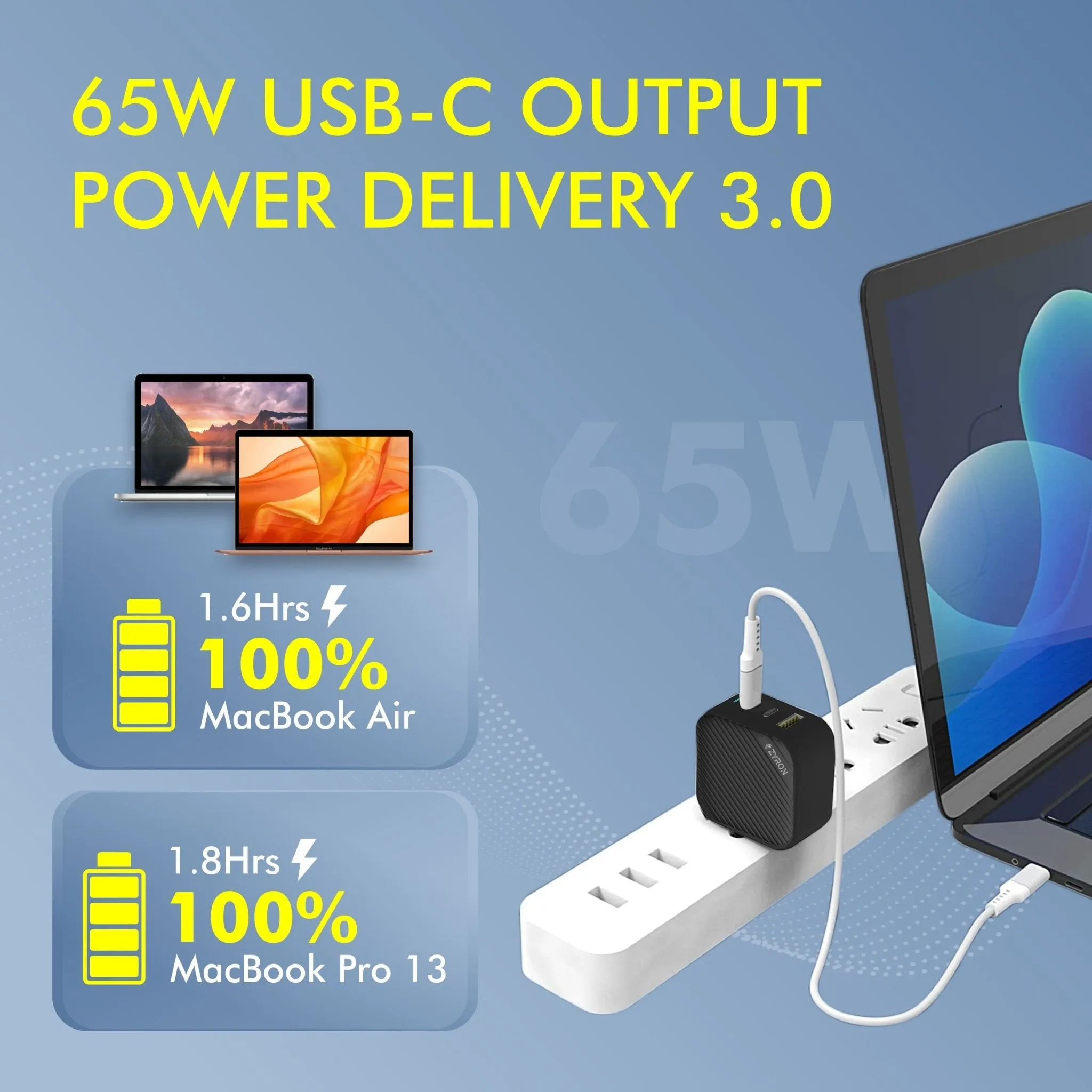 POWERPOD 65W GAN CHARGER, 3-PORT USB-C WALL FAST CHARGER (Black)