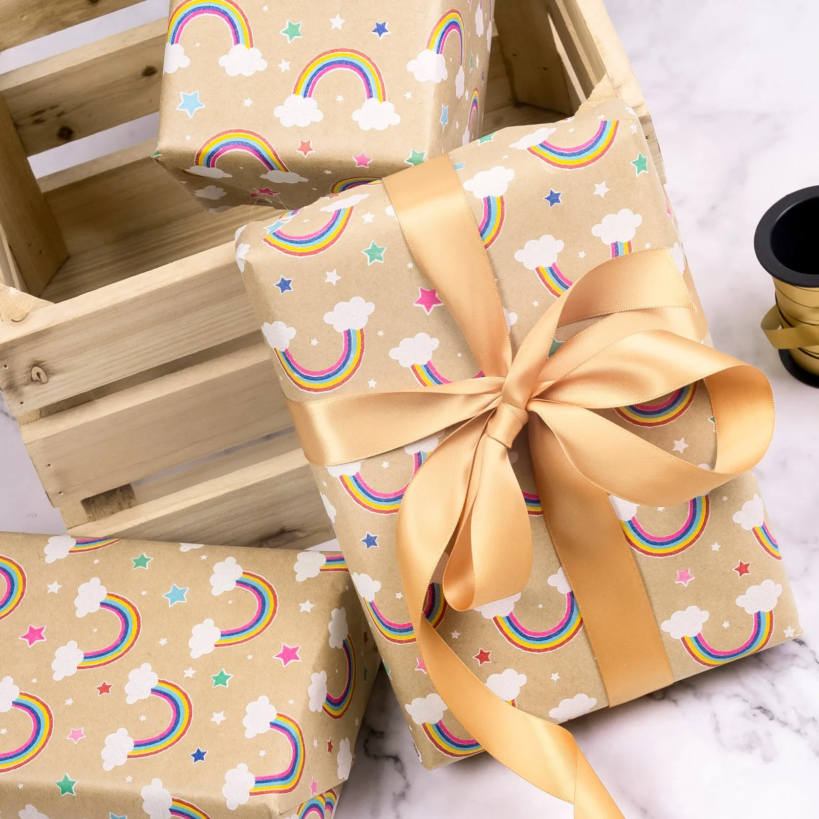 Rainbow Cloud & Star Eco-friendly Kraft Wrapping Paper with Cut Line on Reverse