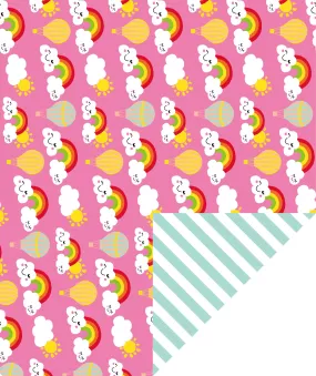 Rainbow in Clouds Hot Pink Wrapping Paper with Green Color on Reverse