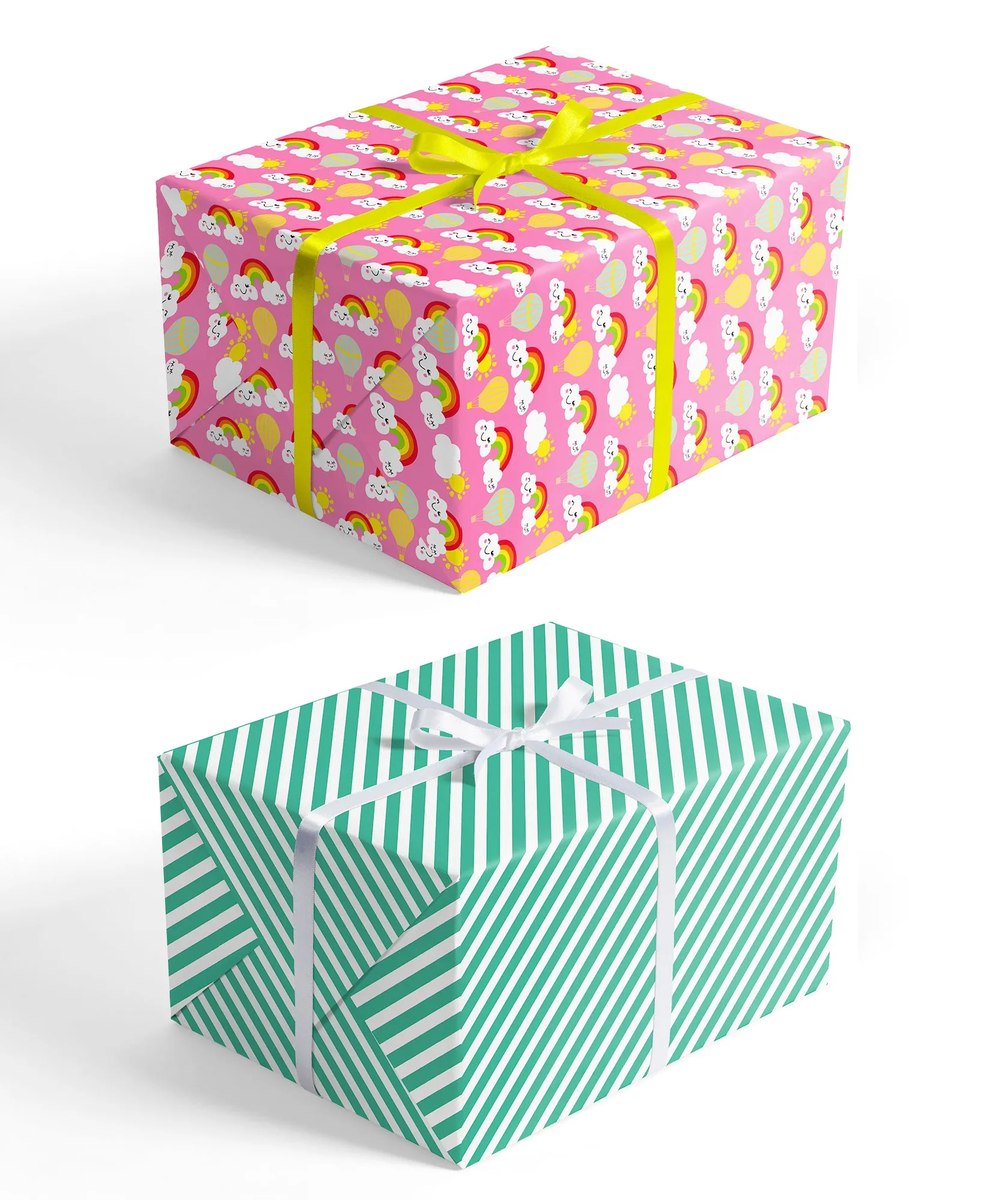 Rainbow in Clouds Hot Pink Wrapping Paper with Green Color on Reverse
