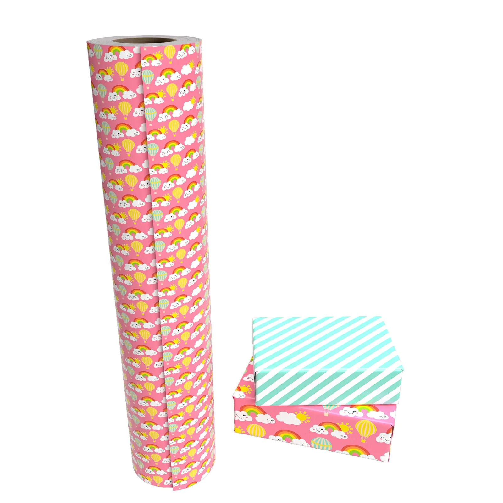 Rainbow in Clouds Hot Pink Wrapping Paper with Green Color on Reverse