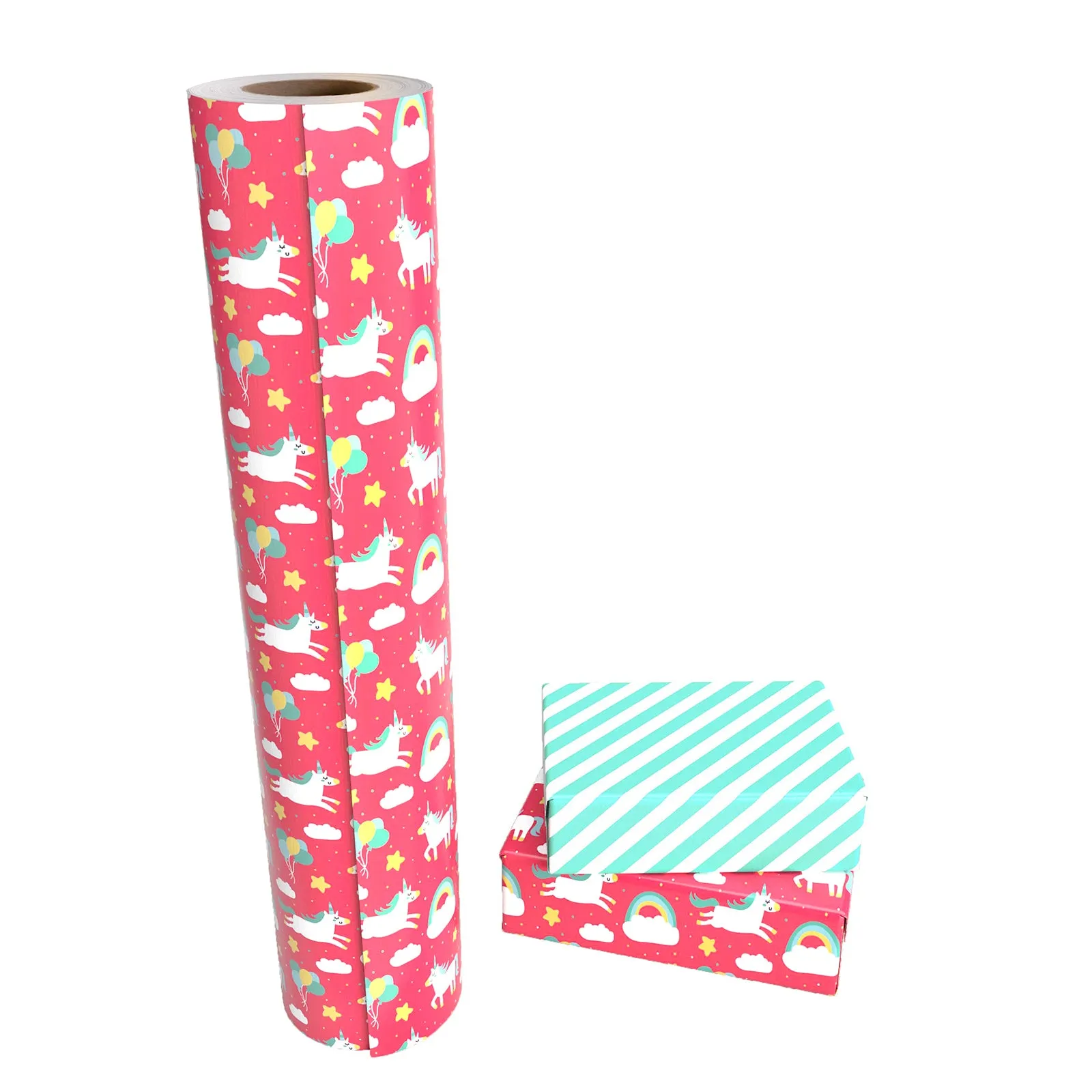 Rainbow Pony Girl's Birthday Wrapping Paper with Green Stripe on Reverse
