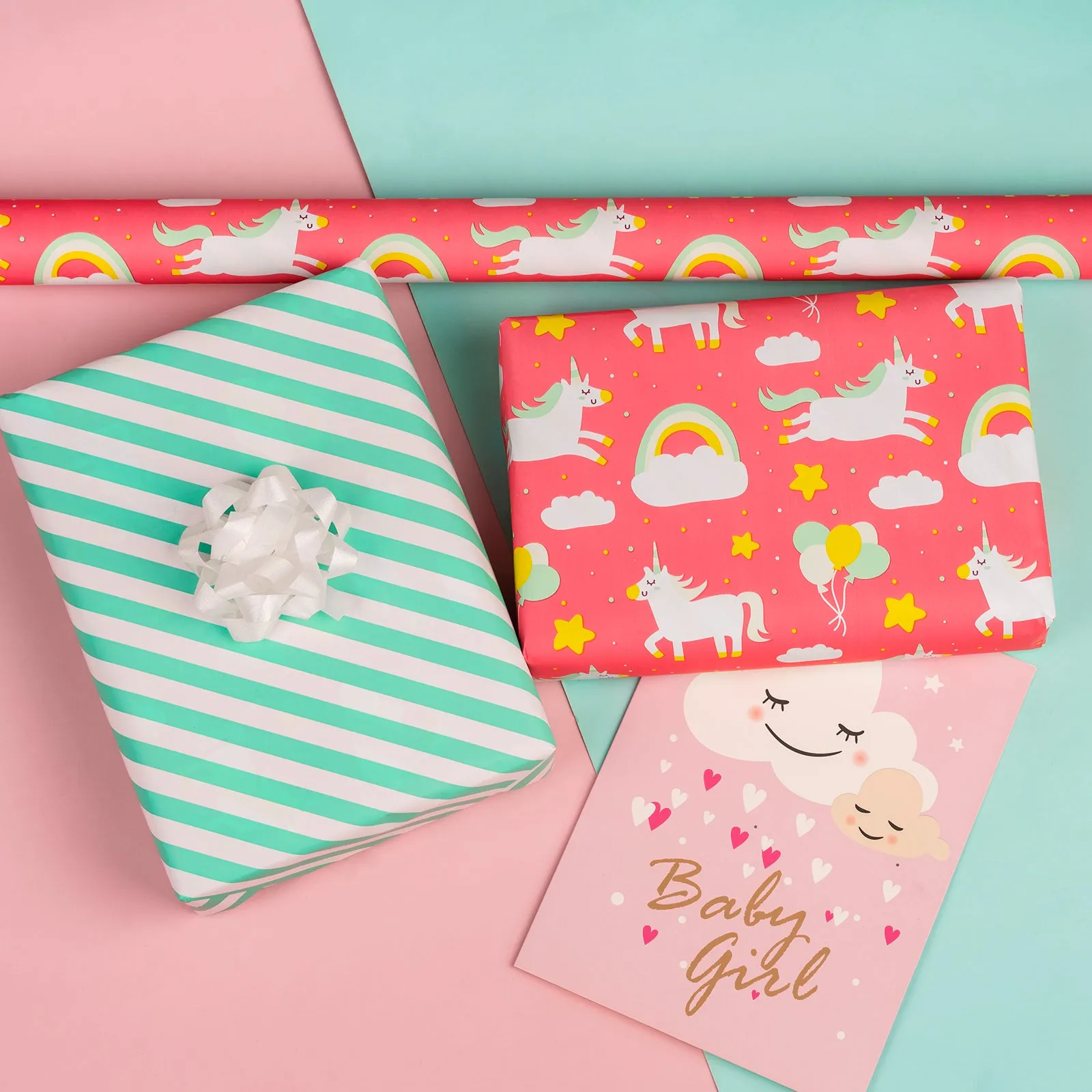 Rainbow Pony Girl's Birthday Wrapping Paper with Green Stripe on Reverse