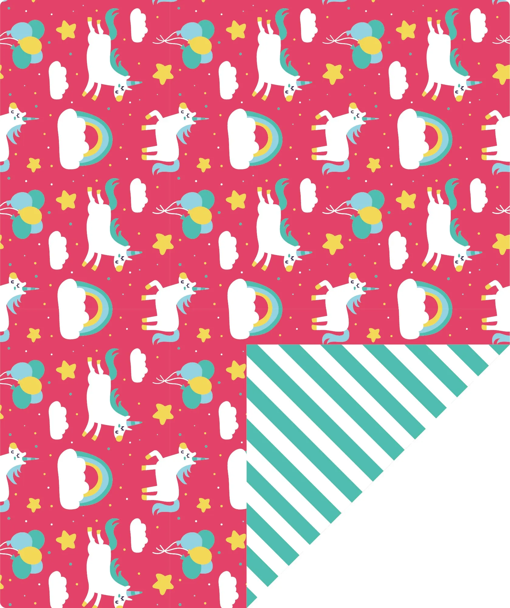 Rainbow Pony Girl's Birthday Wrapping Paper with Green Stripe on Reverse