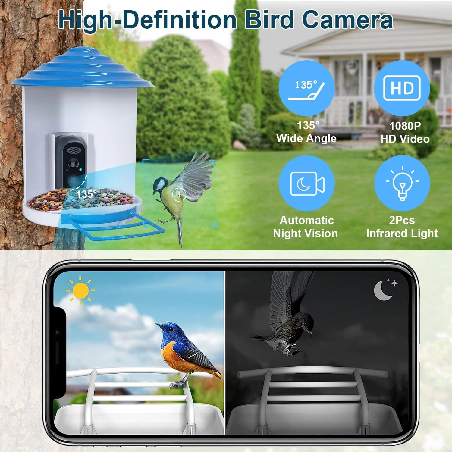 Smart Bird Feeder with Solar Powered Camera 1080P HD AI Identify PIR