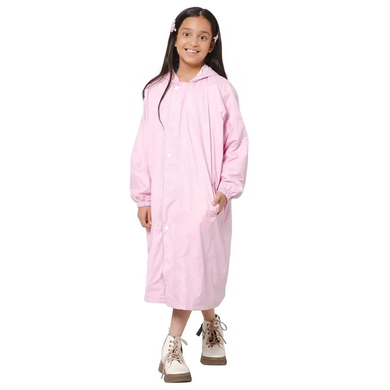 THE CLOWNFISH Cloud Chaser Series Kids Raincoat Waterproof Polyester Double Coating Reversible Longcoat with Hood and Reflector Logo at Back. Printed Plastic Pouch. Kid Age-13-14 years (Blush Pink)