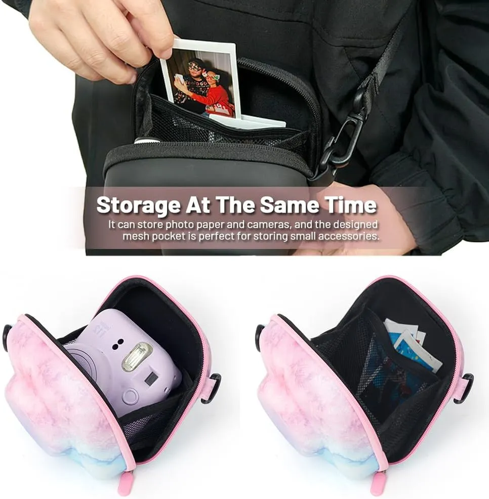 Universal Protective Camera Case for Fujifilm Instax Mini 12 11 9 8 SE 7  40, Instant Camera Bag Hard EVA Case with Shoulder Strap- Pink Cloud