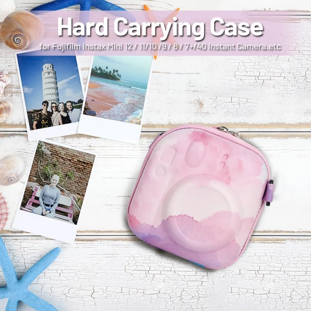 Universal Protective Camera Case for Fujifilm Instax Mini 12 11 9 8 SE 7  40, Instant Camera Bag Hard EVA Case with Shoulder Strap- Pink Cloud
