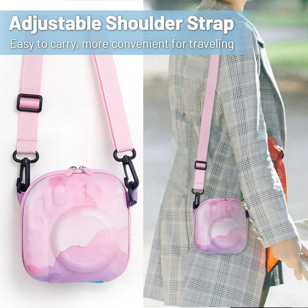 Universal Protective Camera Case for Fujifilm Instax Mini 12 11 9 8 SE 7  40, Instant Camera Bag Hard EVA Case with Shoulder Strap- Pink Cloud