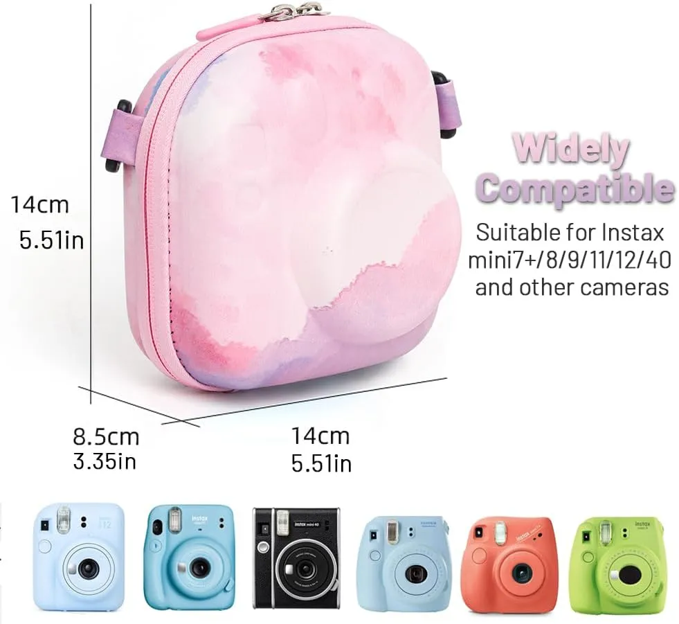 Universal Protective Camera Case for Fujifilm Instax Mini 12 11 9 8 SE 7  40, Instant Camera Bag Hard EVA Case with Shoulder Strap- Pink Cloud