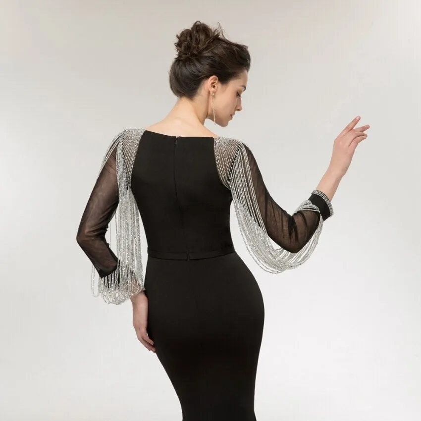 Vestido de Festa Luxo Sereia com Manga Detalhada Preto - Modelo Especial