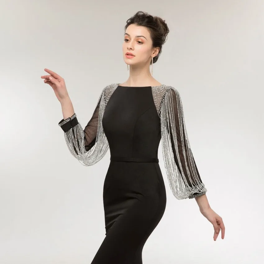 Vestido de Festa Luxo Sereia com Manga Detalhada Preto - Modelo Especial